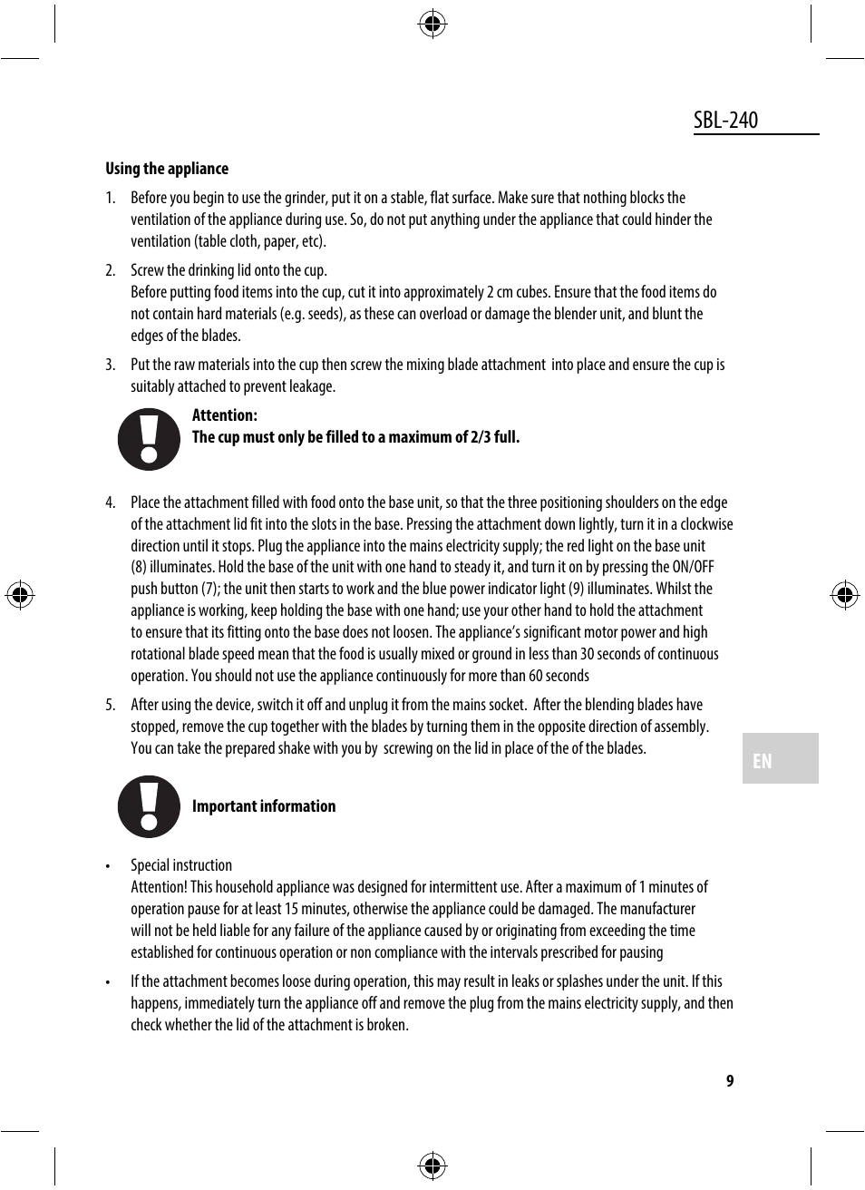 Sbl-240 | Dyras SBL-240 User Manual | Page 9 / 53