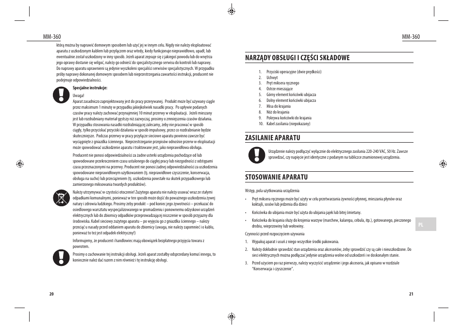 Narządy obsługi i części składowe, Zasilanie aparatu, Stosowanie aparatu | Dyras MM-360 User Manual | Page 11 / 31