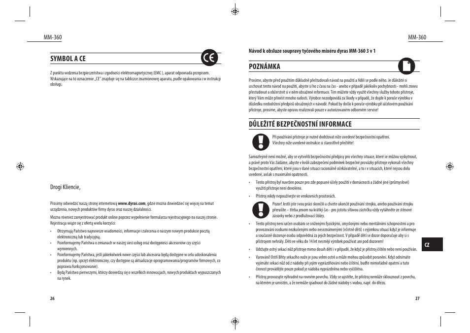 Symbol a ce, Poznámka, Důležité bezpečnostní informace | Dyras MM-360 User Manual | Page 14 / 31