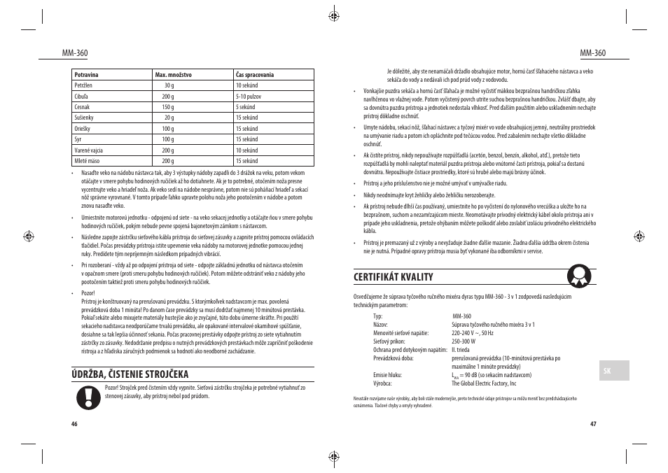 Údržba, čistenie strojčeka, Certifikát kvality, Mm-360 | Dyras MM-360 User Manual | Page 24 / 31