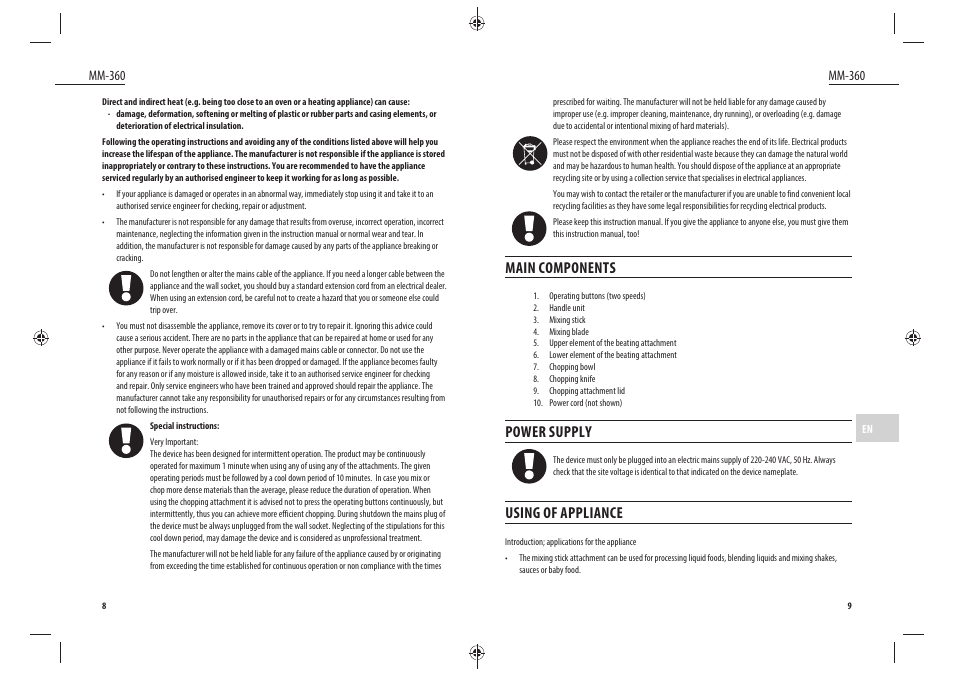 Main components, Power supply, Using of appliance | Dyras MM-360 User Manual | Page 5 / 31