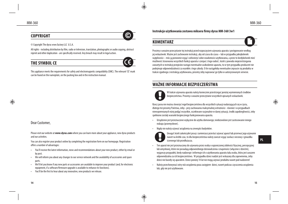 Copyright, The symbol ce, Komentarz | Ważne informacje bezpieczeństwa | Dyras MM-360 User Manual | Page 8 / 31