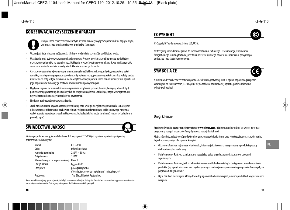Copyright, Symbol a ce, Konserwacja i czyszczenie aparatu | Świadectwo jakości | Dyras CFFG-110 User Manual | Page 10 / 23
