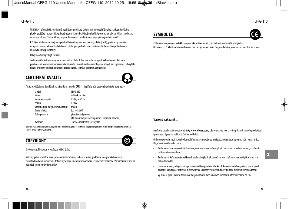 Symbol ce, Certifikát kvality, Copyright | Dyras CFFG-110 User Manual | Page 14 / 23