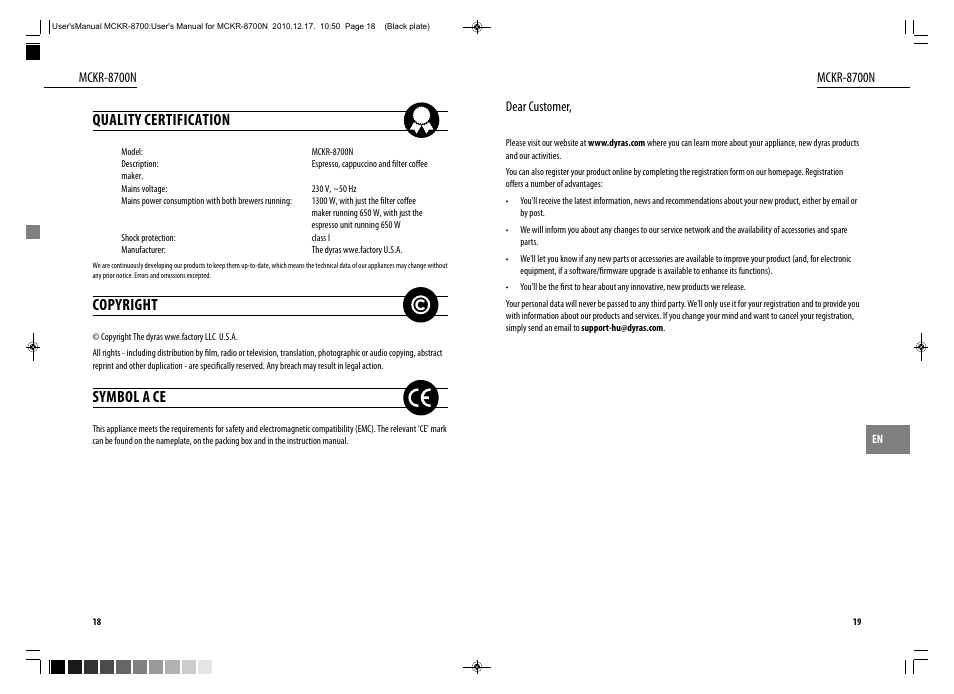 Quality certification, Copyright, Symbol a ce | Dyras MCKR-8700N User Manual | Page 10 / 43