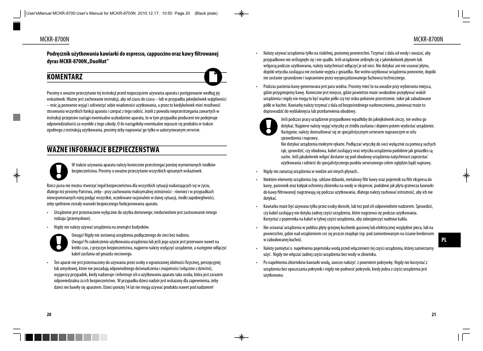 Komentarz, Ważne informacje bezpieczeństwa | Dyras MCKR-8700N User Manual | Page 11 / 43