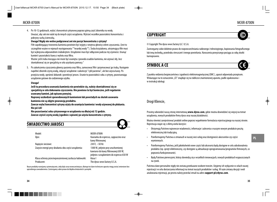 Świadectwo jakości, Copyright, Symbol a ce | Dyras MCKR-8700N User Manual | Page 18 / 43