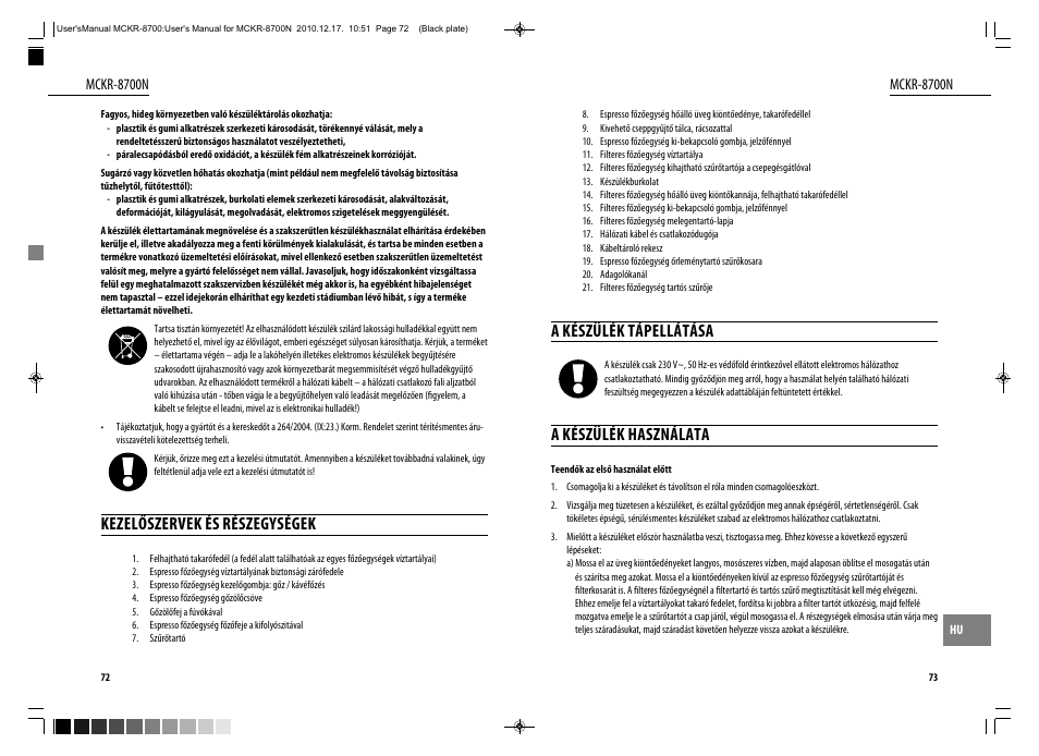 Kezelőszervek és részegységek, A készülék tápellátása, A készülék használata | Dyras MCKR-8700N User Manual | Page 37 / 43