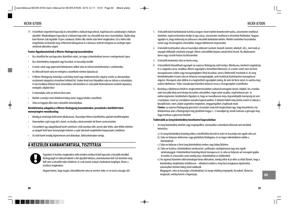 A készülék karbantartása, tisztítása, Mckr-8700n | Dyras MCKR-8700N User Manual | Page 41 / 43