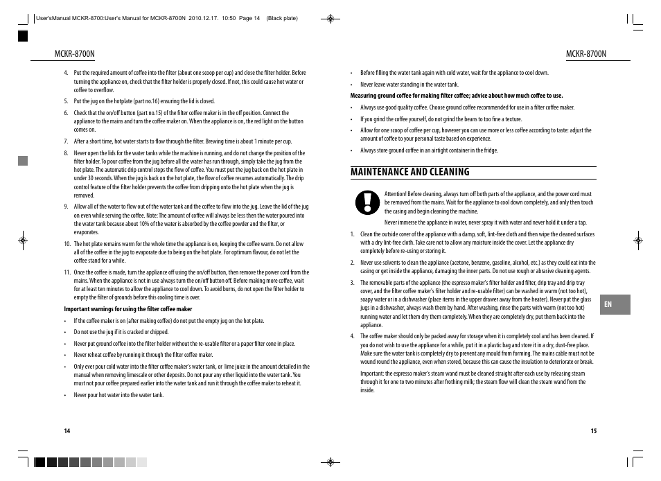 Maintenance and cleaning, Mckr-8700n | Dyras MCKR-8700N User Manual | Page 8 / 43