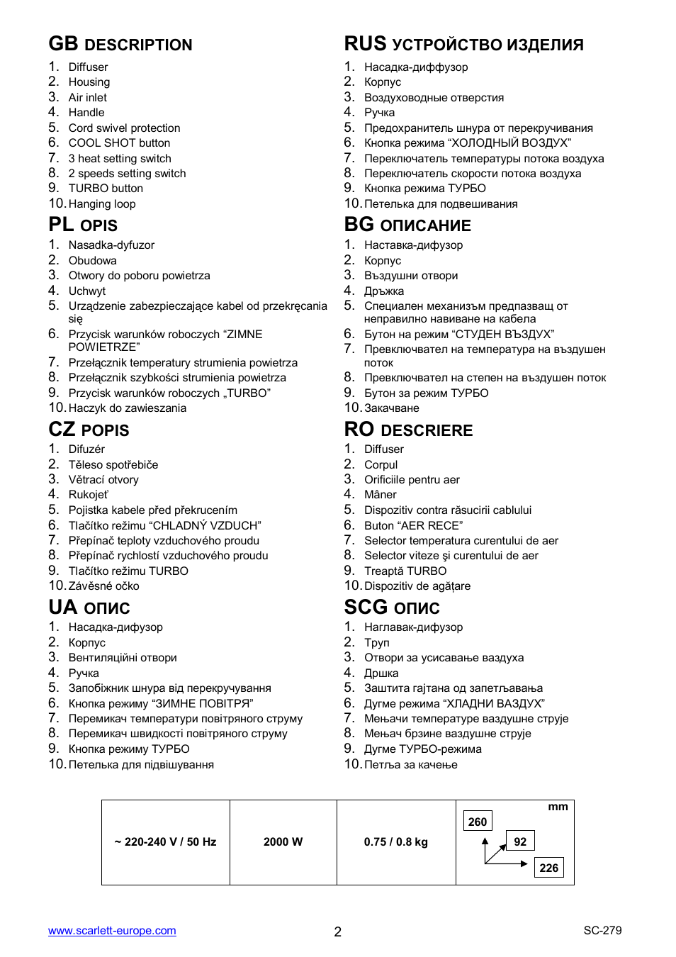 Ua scg, Description, Opis | Popis, Descriere | Scarlett SC-279 User Manual | Page 2 / 18