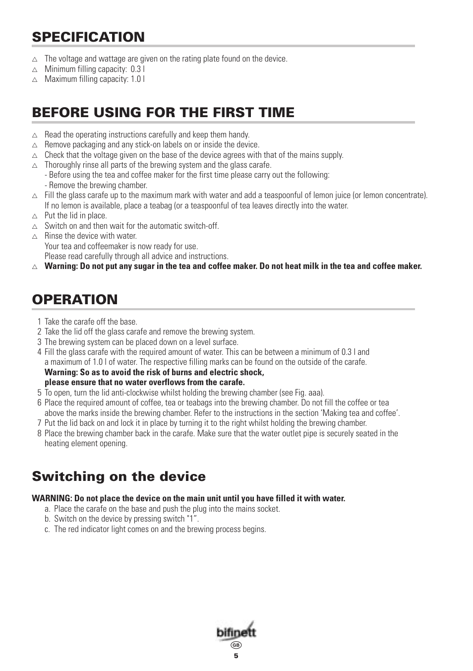 Specification, Before using for the first time, Operation | Switching on the device | Bifinett KH 600 User Manual | Page 5 / 8