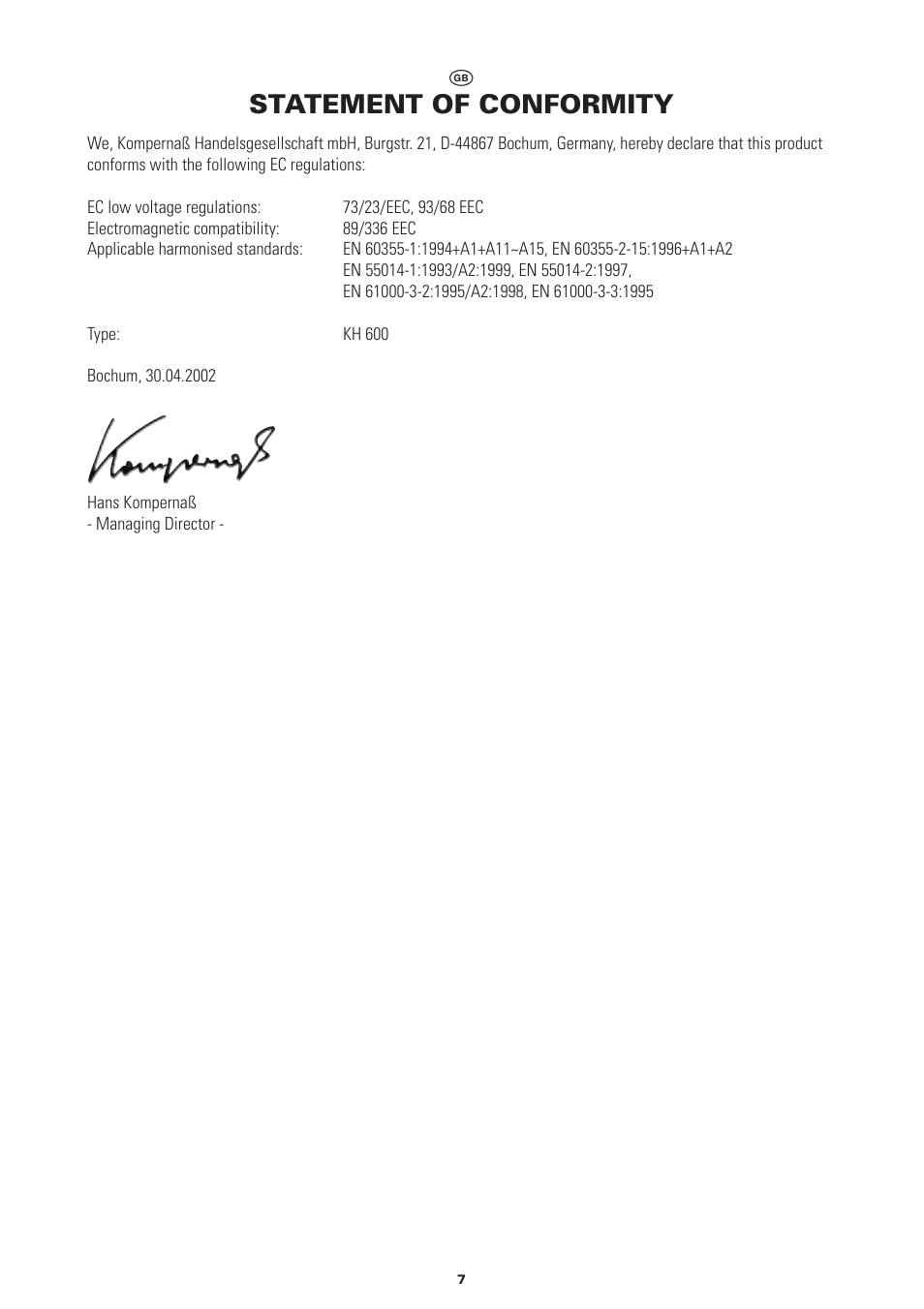 Statement of conformity | Bifinett KH 600 User Manual | Page 7 / 8