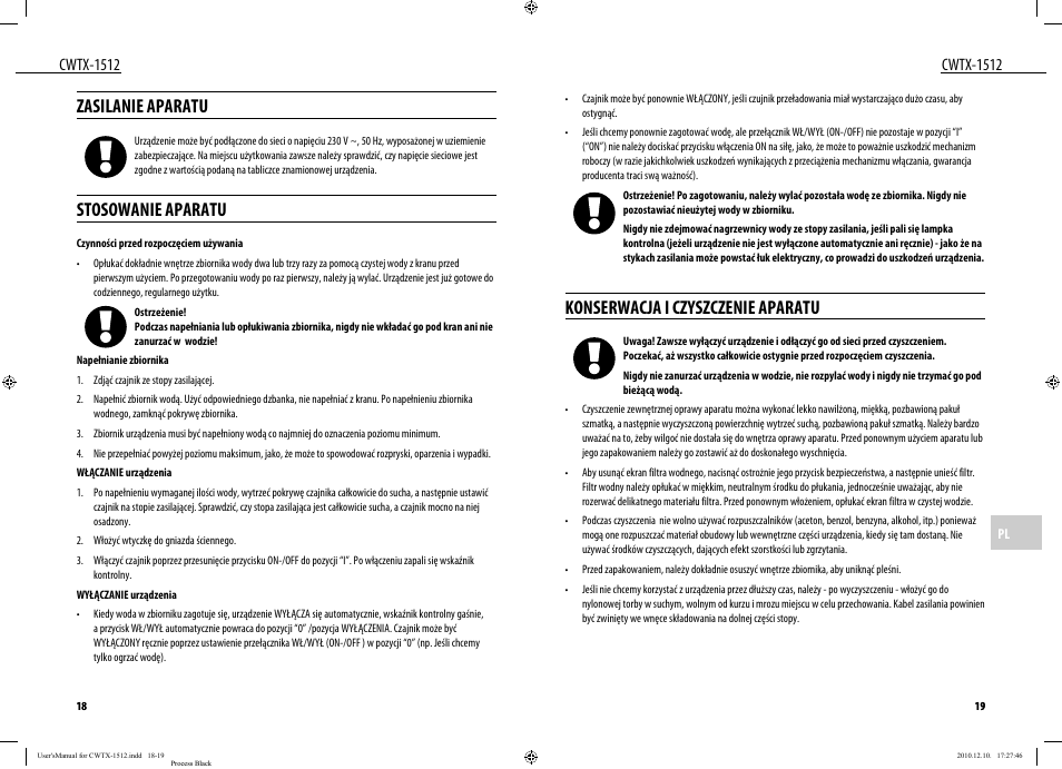 Zasilanie aparatu, Stosowanie aparatu, Konserwacja i czyszczenie aparatu | Cwtx-1512 | Dyras CWTX-1512 User Manual | Page 10 / 25