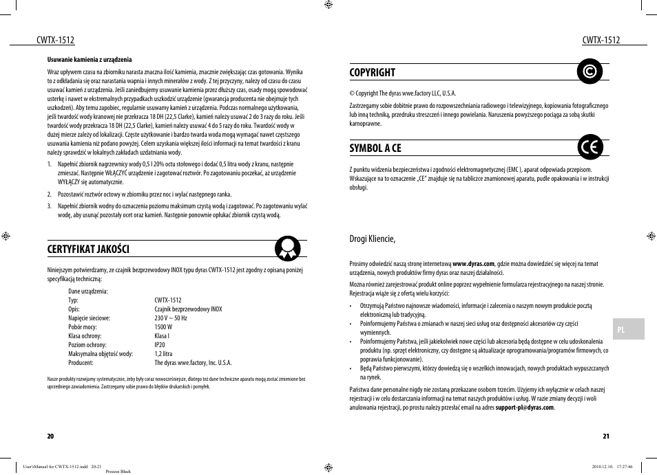 Certyfikat jakości, Copyright, Symbol a ce | Cwtx-1512, Drogi kliencie | Dyras CWTX-1512 User Manual | Page 11 / 25