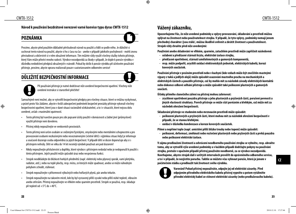 Vážený zákazníku, Poznámka, Důležité bezpečnostní informace | Cwtx-1512 | Dyras CWTX-1512 User Manual | Page 12 / 25