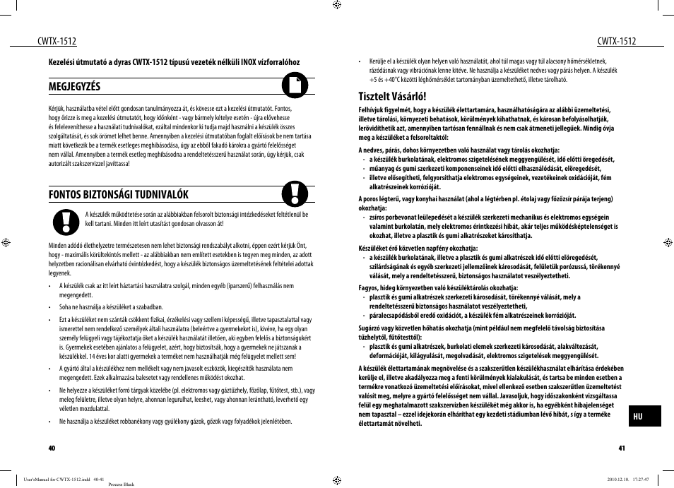 Tisztelt vásárló, Megjegyzés, Fontos biztonsági tudnivalók | Cwtx-1512 | Dyras CWTX-1512 User Manual | Page 21 / 25