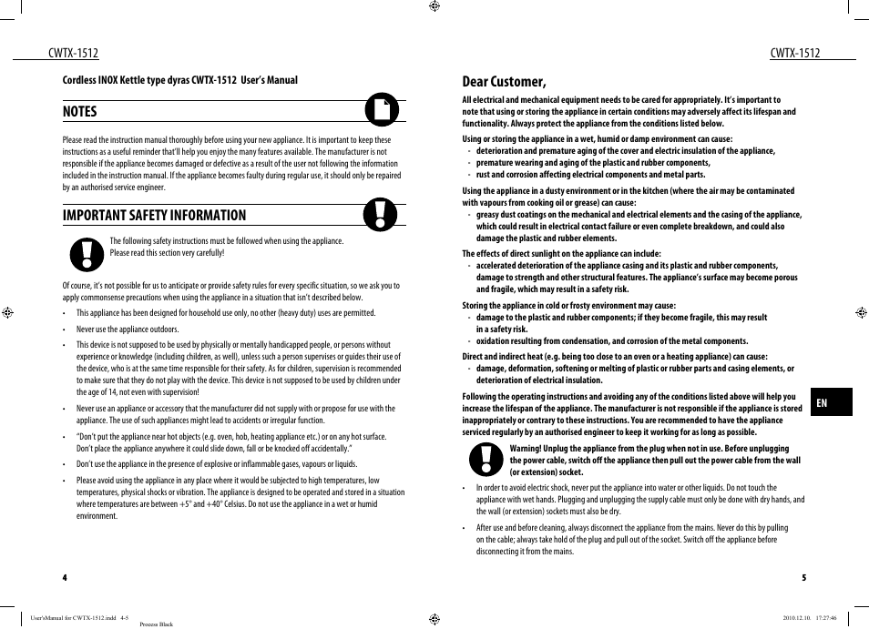 Dear customer, Important safety information, Cwtx-1512 | Dyras CWTX-1512 User Manual | Page 3 / 25