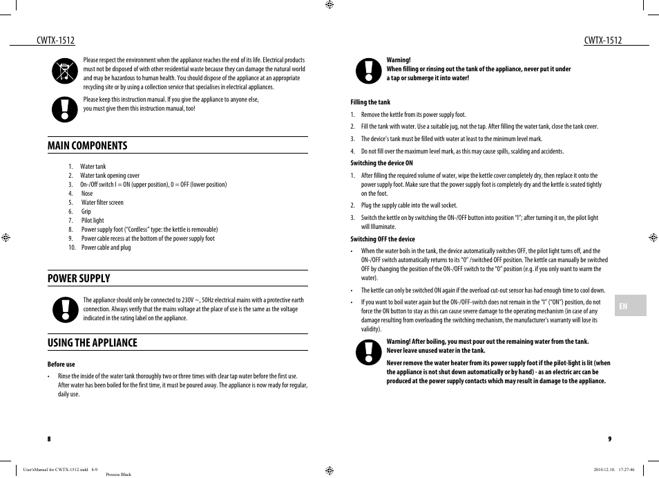 Main components, Power supply, Using the appliance | Cwtx-1512 | Dyras CWTX-1512 User Manual | Page 5 / 25