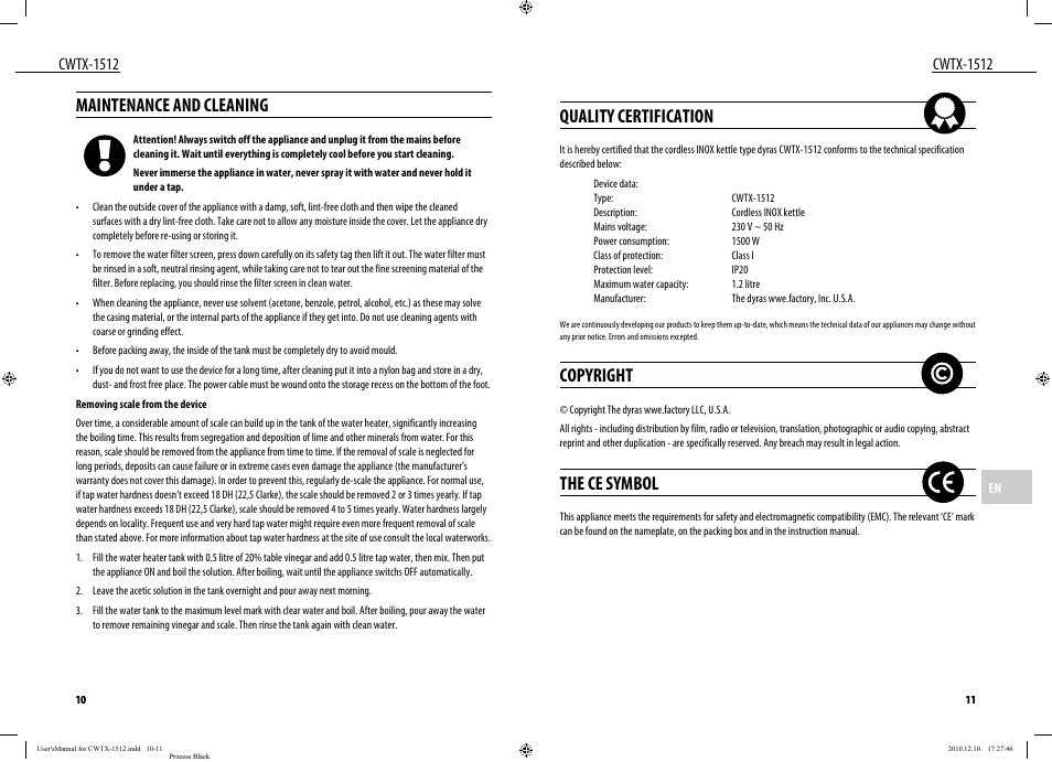 Maintenance and cleaning, Quality certification, Copyright | The ce symbol, Cwtx-1512 | Dyras CWTX-1512 User Manual | Page 6 / 25