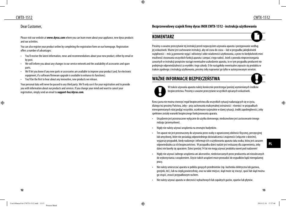 Komentarz, Ważne informacje bezpieczeństwa, Cwtx-1512 | Dear customer | Dyras CWTX-1512 User Manual | Page 7 / 25