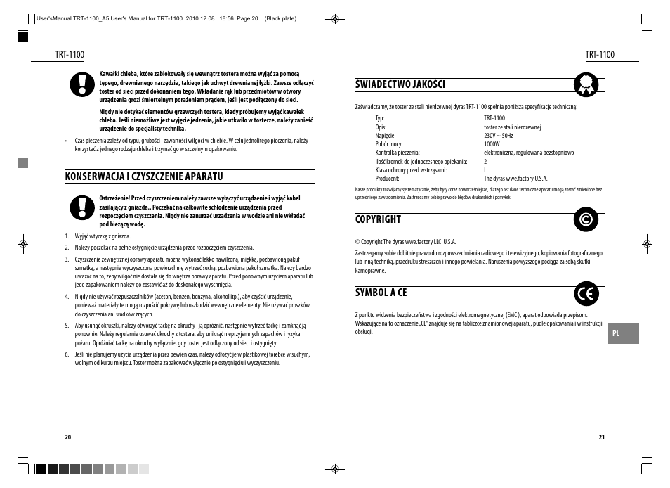 Konserwacja i czyszczenie aparatu, Świadectwo jakości, Copyright | Symbol a ce | Dyras TRT-1100 User Manual | Page 11 / 27