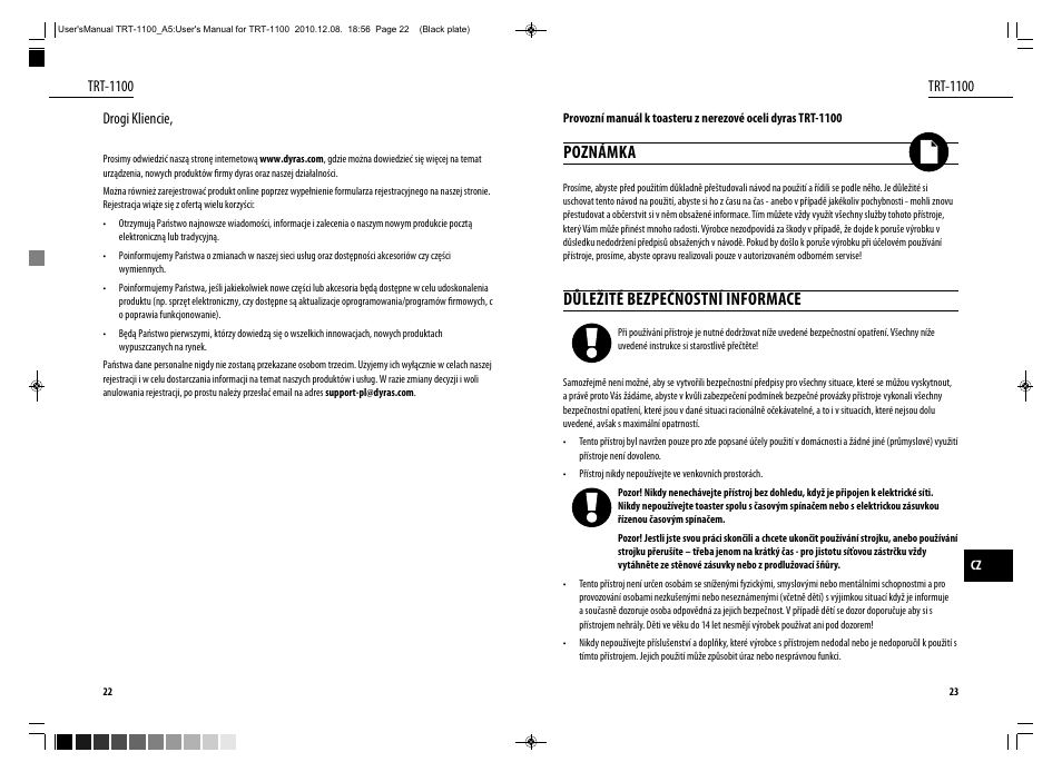 Poznámka, Důležité bezpečnostní informace | Dyras TRT-1100 User Manual | Page 12 / 27