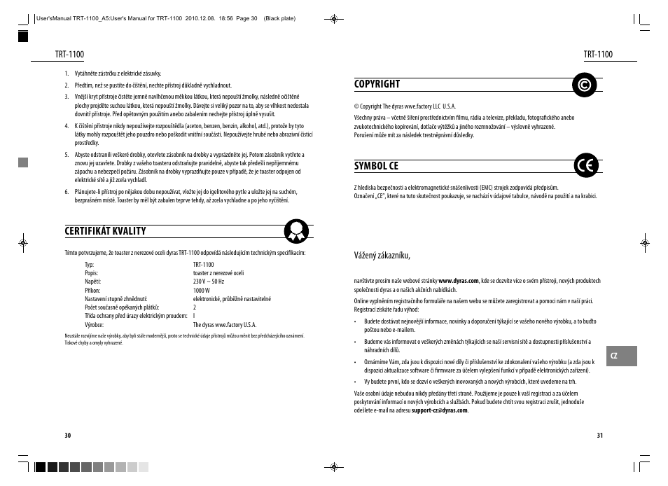 Copyright, Symbol ce, Certifikát kvality | Dyras TRT-1100 User Manual | Page 16 / 27
