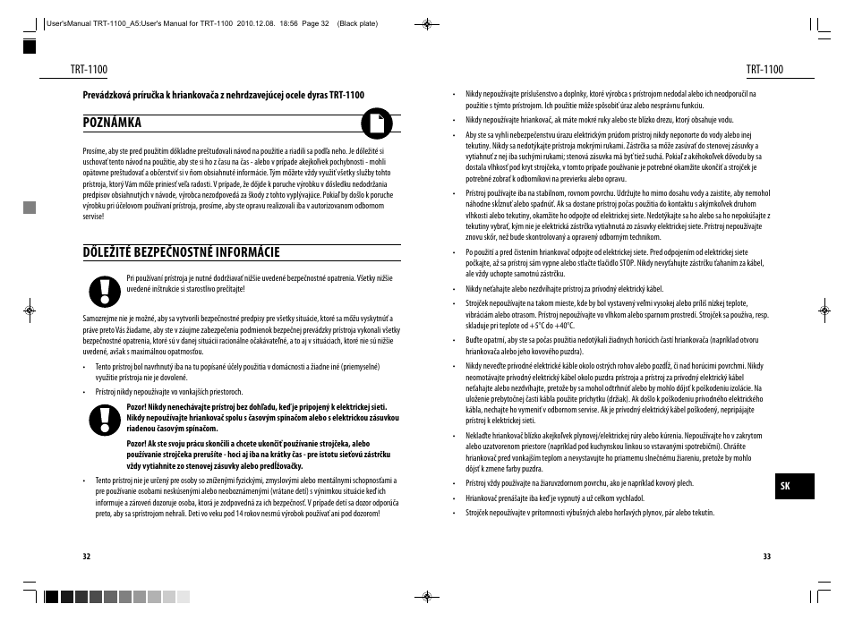 Poznámka, Dőležité bezpečnostné informácie, Trt-1100 | Dyras TRT-1100 User Manual | Page 17 / 27