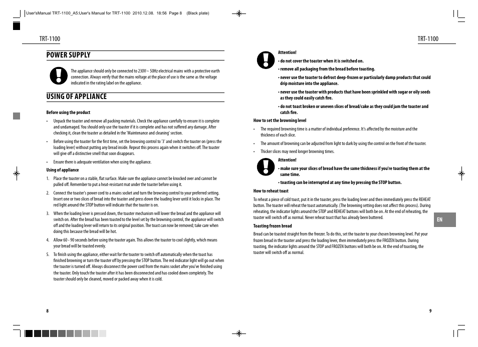 Power supply, Using of appliance, Trt-1100 | Dyras TRT-1100 User Manual | Page 5 / 27