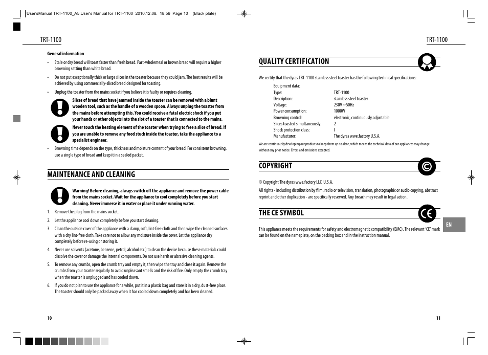 Maintenance and cleaning, Quality certification, Copyright | The ce symbol, Trt-1100 | Dyras TRT-1100 User Manual | Page 6 / 27