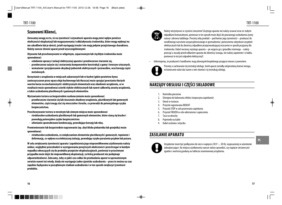 Szanowni klienci, Narządy obsługi i części składowe, Zasilanie aparatu | Dyras TRT-1100 User Manual | Page 9 / 27