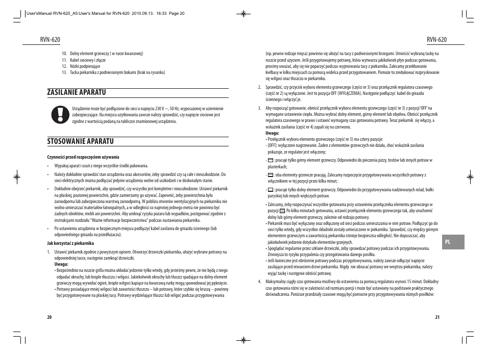 Zasilanie aparatu, Stosowanie aparatu, Rvn-620 | Dyras RVN-620 User Manual | Page 11 / 29