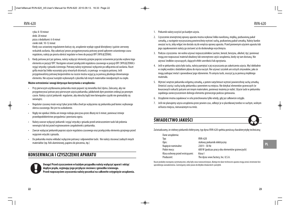Świadectwo jakości, Konserwacja i czyszczenie aparatu, Rvn-620 | Dyras RVN-620 User Manual | Page 12 / 29