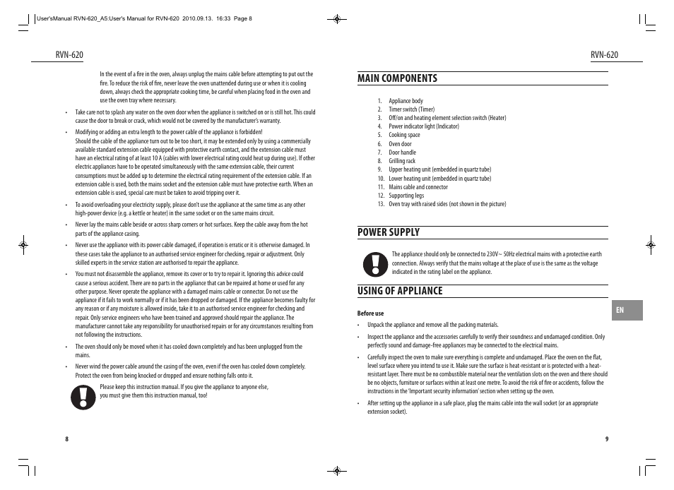 Main components, Power supply, Using of appliance | Rvn-620 | Dyras RVN-620 User Manual | Page 5 / 29