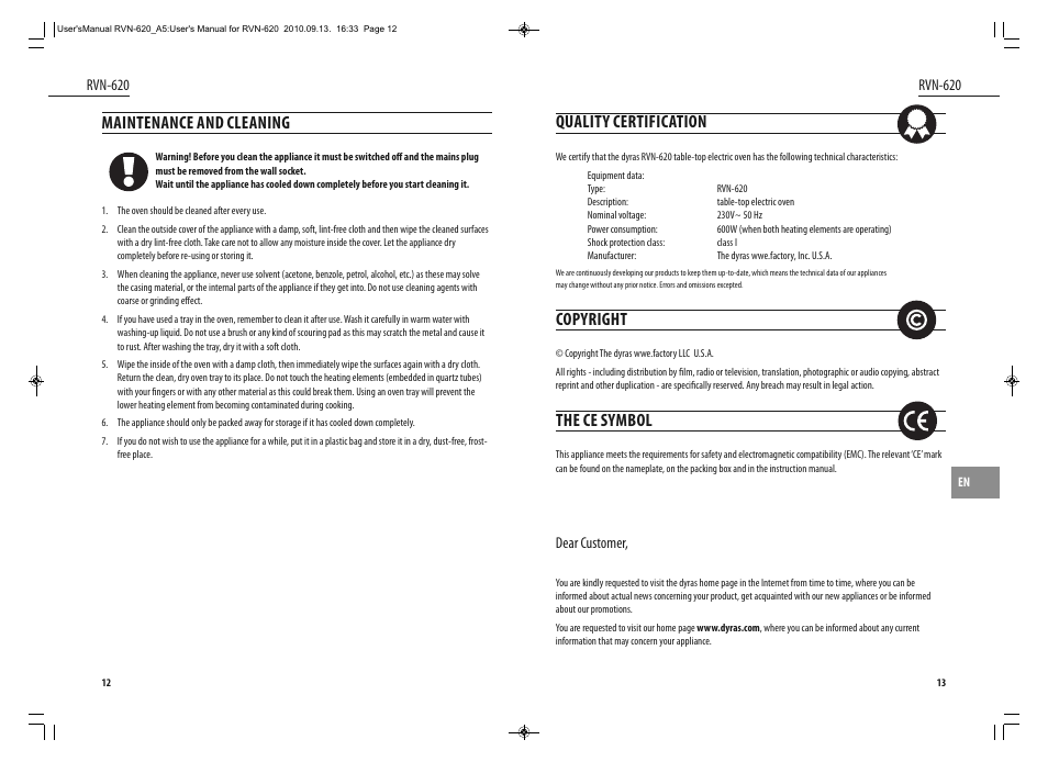Quality certification, Copyright, The ce symbol | Maintenance and cleaning | Dyras RVN-620 User Manual | Page 7 / 29