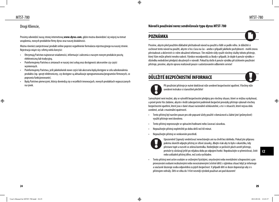 Poznámka, Důležité bezpečnostní informace, Mtst-780 | Mtst-780 drogi kliencie | Dyras MTST-780 User Manual | Page 13 / 29