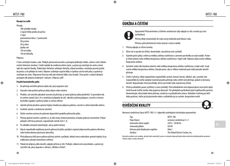 Údržba a čištění, Osvědčení kvality, Mtst-780 | Dyras MTST-780 User Manual | Page 17 / 29