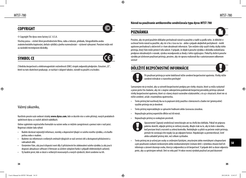 Copyright, Symbol ce, Poznámka | Dőležité bezpečnostné informácie, Mtst-780, Vážený zákazníku | Dyras MTST-780 User Manual | Page 18 / 29