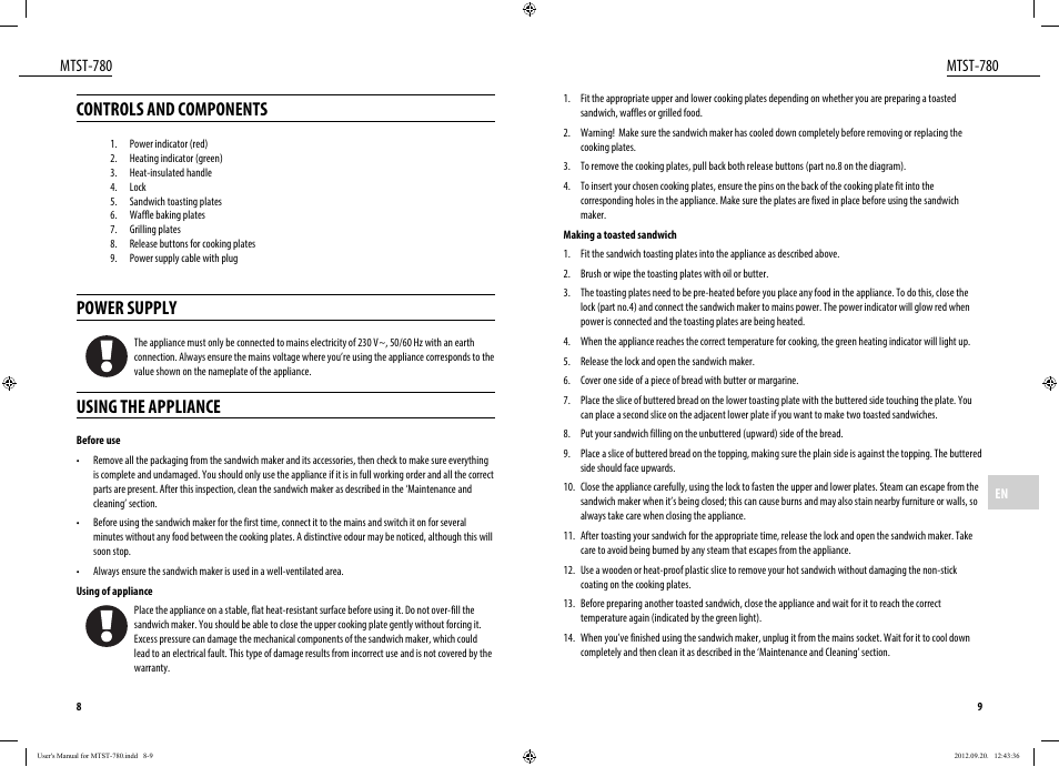 Controls and components, Power supply, Using the appliance | Mtst-780 | Dyras MTST-780 User Manual | Page 5 / 29