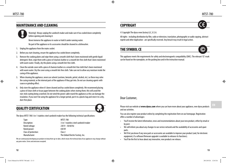 Copyright, The symbol ce, Maintenance and cleaning | Quality certification, Mtst-780, Dear customer | Dyras MTST-780 User Manual | Page 7 / 29