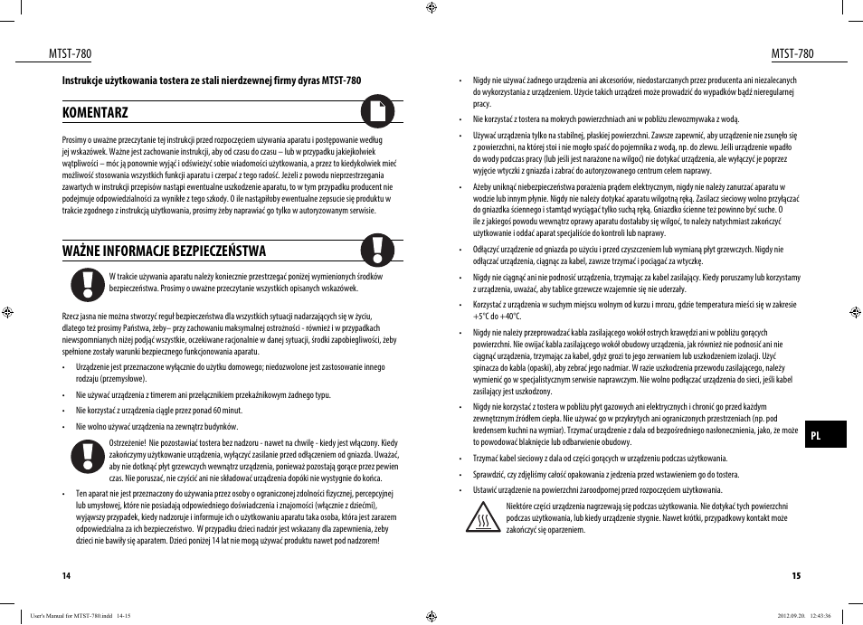 Komentarz, Ważne informacje bezpieczeństwa, Mtst-780 | Dyras MTST-780 User Manual | Page 8 / 29
