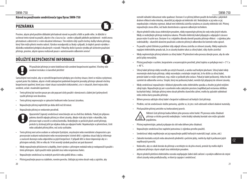 Poznámka, Důležité bezpečnostní informace, Swm-750 | Swm-750 cz | Dyras SWM-750 User Manual | Page 11 / 23