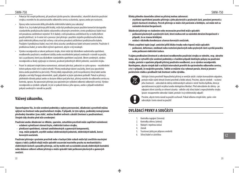 Ovládací prvky a součásti, Vážený zákazníku, Swm-750 | Swm-750 cz | Dyras SWM-750 User Manual | Page 12 / 23
