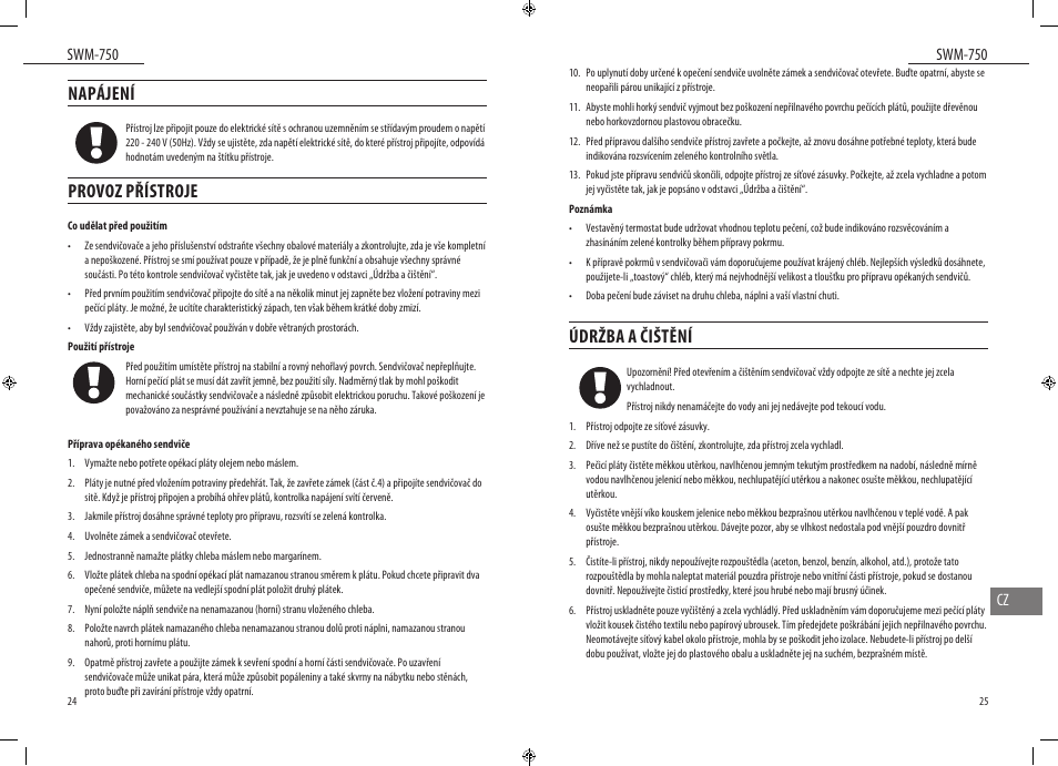 Napájení, Provoz přístroje, Údržba a čištění | Swm-750, Swm-750 cz | Dyras SWM-750 User Manual | Page 13 / 23