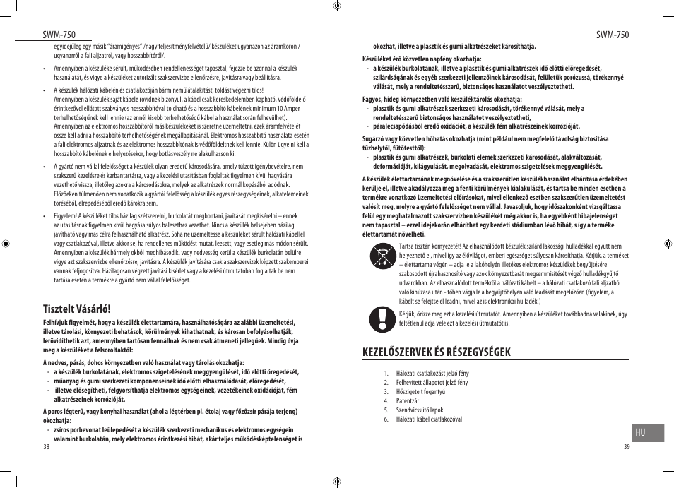 Kezelőszervek és részegységek, Tisztelt vásárló, Swm-750 | Dyras SWM-750 User Manual | Page 20 / 23