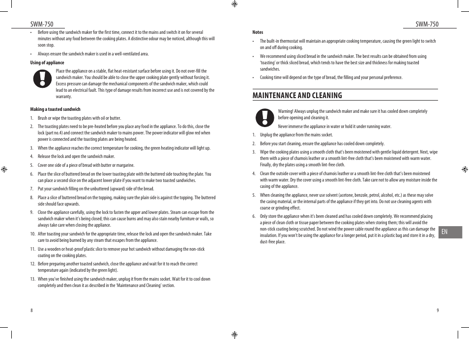 Maintenance and cleaning | Dyras SWM-750 User Manual | Page 5 / 23