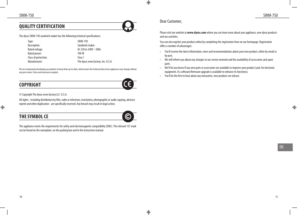 Quality certification, Copyright, The symbol ce | Dear customer | Dyras SWM-750 User Manual | Page 6 / 23