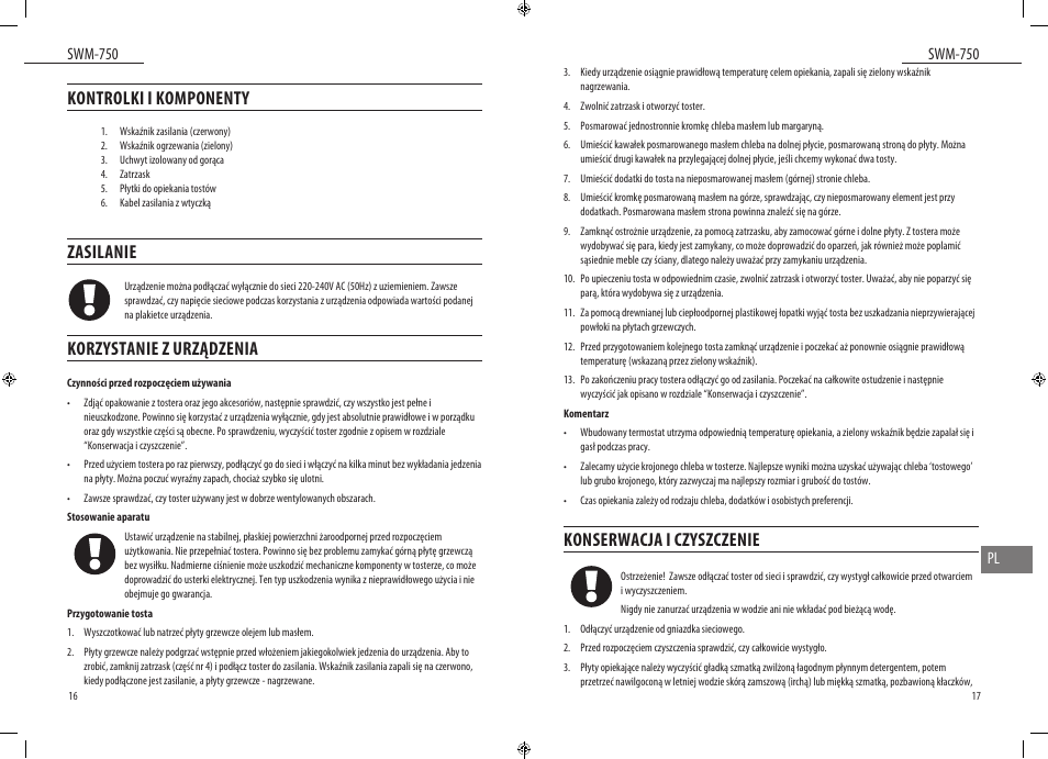 Kontrolki i komponenty, Zasilanie, Korzystanie z urządzenia | Konserwacja i czyszczenie, Swm-750, Swm-750 pl | Dyras SWM-750 User Manual | Page 9 / 23