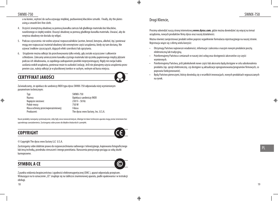 Certyfikat jakości, Copyright, Symbol a ce | Swmx-750, Swmx-750 pl, Drogi kliencie | Dyras SWMX-750 User Manual | Page 10 / 23